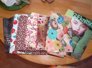 6 pieces of fabric and Vogue Knitting